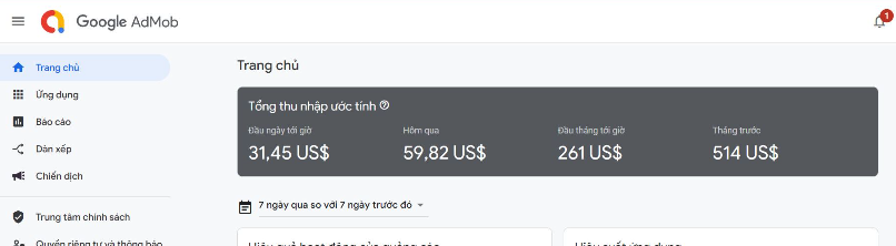 Dashboard Google AdMob của học viên: tổng thu nhập ước tính 31,45 USD hôm nay, 261 USD tháng này, 514 USD tháng trước