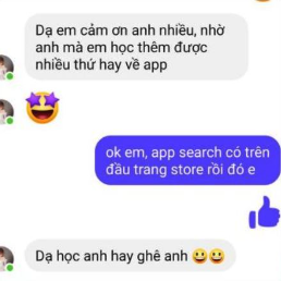 Tin nhắn học viên cảm ơn Quốc Anh vì học thêm được nhiều thứ hay về app