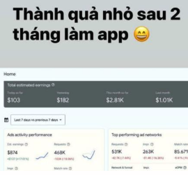 Thành quả doanh thu app của học viên sau 2 tháng làm app: 103 USD hôm nay, 182 USD hôm qua, 2.81K USD tháng này