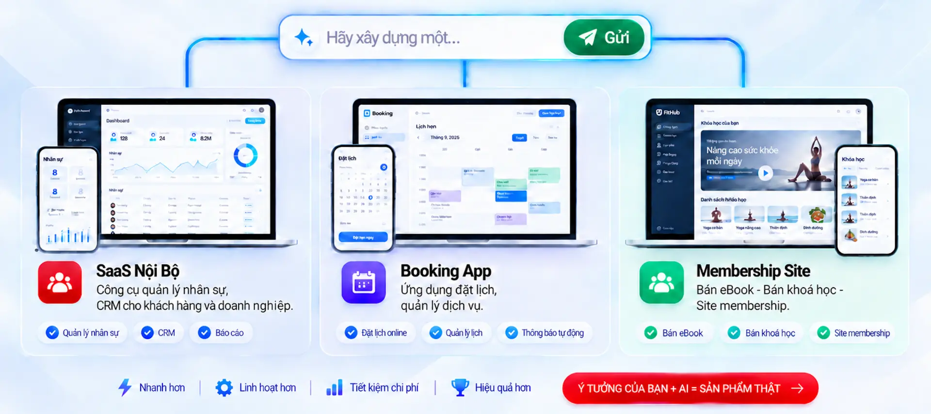Ví dụ các web-app có thể tự tay dựng: SaaS nội bộ quản lý nhân sự CRM, Booking App đặt lịch và Membership Site bán eBook, khoá học